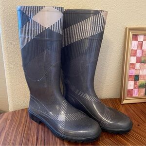 Burberry Gray Plaid Rubber Rain Boots